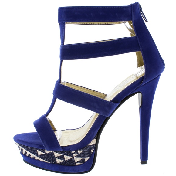 Maker's Shoes Shoes - Manhattan10 Royal Blue Caged Tribal Print Heels Maker's Shoes Shoes - Manhattan10 Royal Blue Caged Tribal Print Heels
